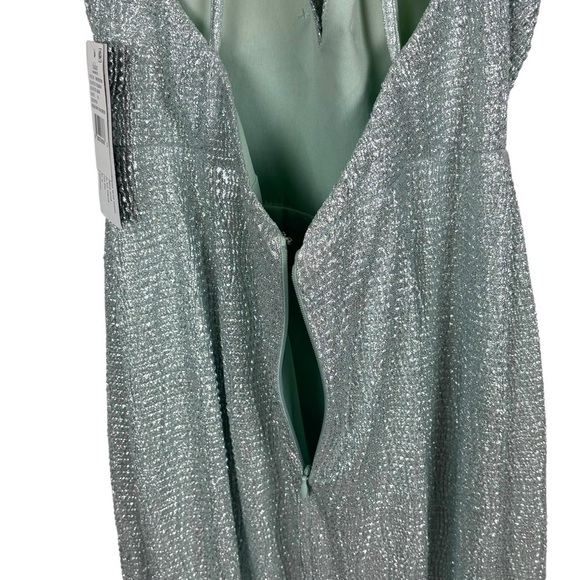 AIDEN MADDOX CELADON FOIL METALLIC KNIT STRAPPY V-NECK LONG FORMAL GOWN DRESS - Picture 9 of 15